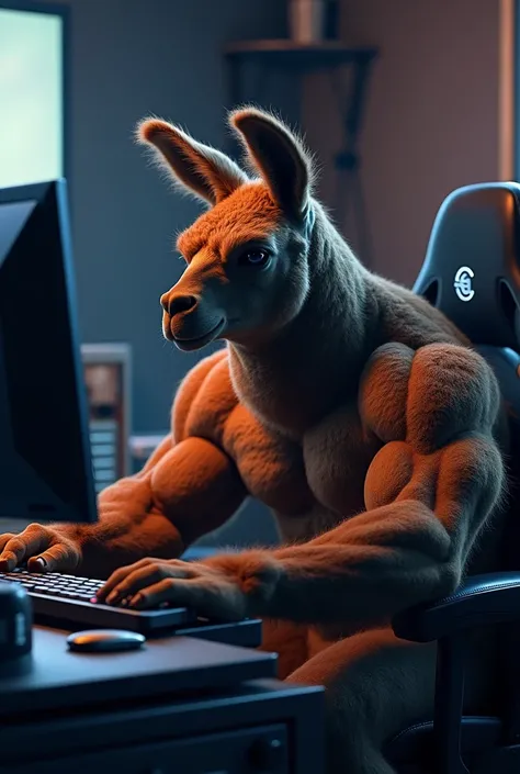 a brown or black llama or vicuña, bodybuilder playing on a PC gamer