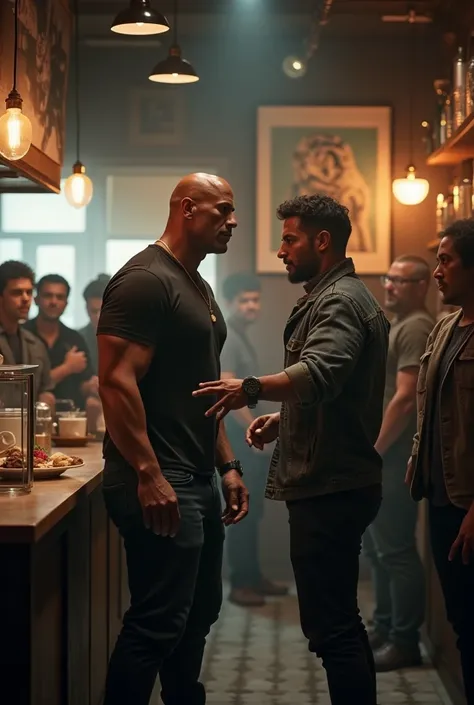 Make an image of the actor the rock with a serious face inside a coffee shop and a strange man shouting at him and pointing and the man shouting at him with his finger and people looking around.