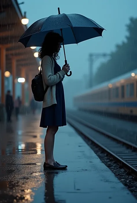  highest quality、 high resolution、( high image quality:1.2)、 Masterpiece、 detailed background on a futon、Realistic、 RAW photos 、In front of the station at dusk when quiet rain falls 、 A woman was waiting under a small umbrella 、 The puddle of water that sp...