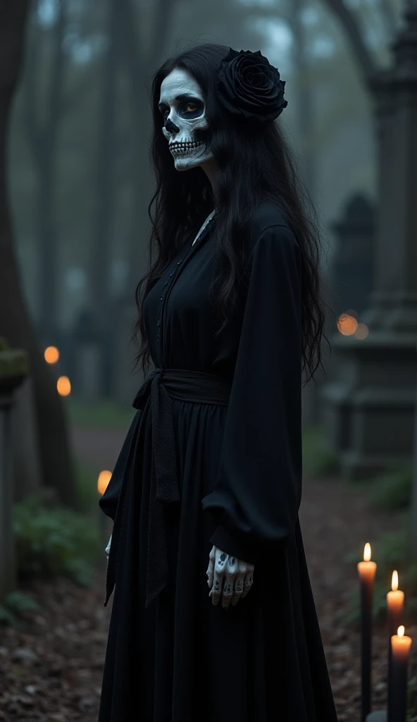  Woman with the face and body of a skull,  with black hair, a long,  with a black rose in her hair, Skirt with black, black cover,  in the cemetery at night, with black candles next to her, And with a black blouse