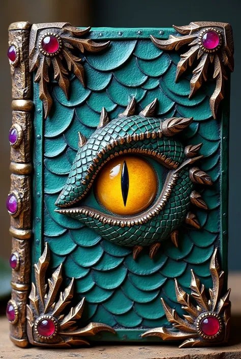 A book made of scaly colored dragon skin. Decorated with sapphires and rubies. Clawed paws in the form of a castle on the spine. In the center of the cover is a yellow dragon eye with a vertical pupil. 