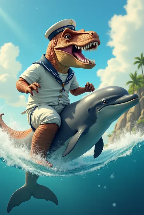 Rex dinosaur dressed as a sailor riding a swimming dolphin 