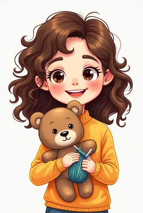 I want a cartoon of a girl, with light skin, pink cheeks and pretty curly brown hair with knitted teddy bear and a crochet hook . With loose hair, Let him be in the front smiling 