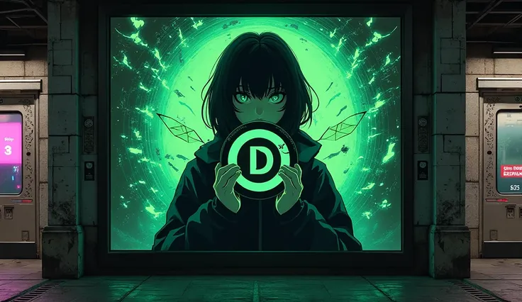 London Undeground bilboard crypto anime character with a Digicoin similar like bitcoin style , made black coin with green 'D' in the middle , acid style , add some acid details in the background , drugs colours , high quality detalis , dark mode , creepy ,...