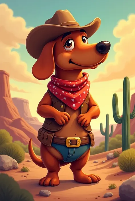 Draw a red sausage dog dressed as a cowboy 