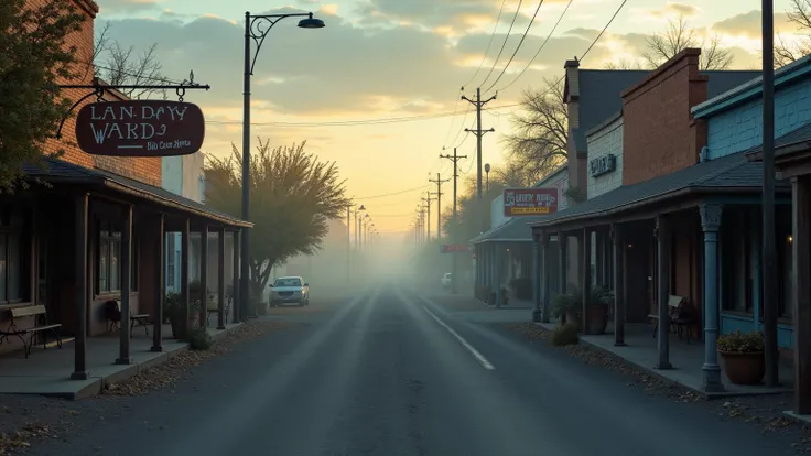  Early morning in the small town of Liberty Ridge ,  lost in the heart of Arizona .  A light fog spreads over the streets ,  making the landscape mysterious and mystical . , the first rays of sunshine break through the clouds ,  painting the sky soft orang...