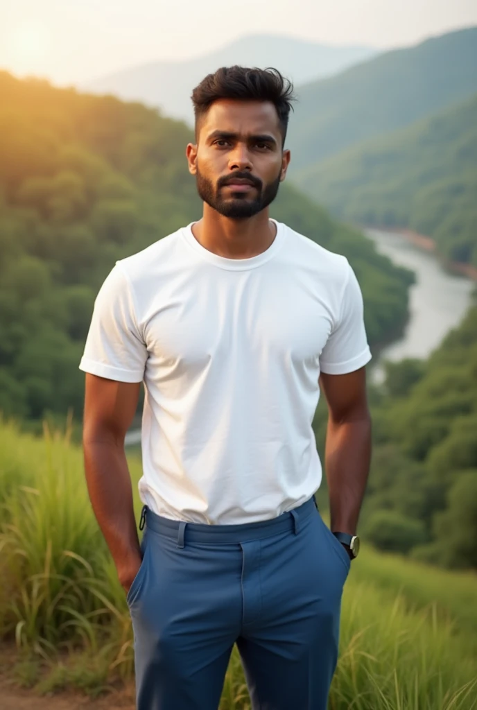 A 30-year-old Bengali man height 5ft 4inch with deep dark skin, wearing a white t-shirt and blue pant, morden man Bangladeshi hill with river in the background, realistic lighting, warm tones