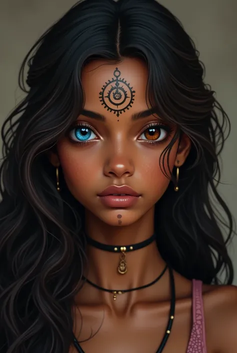 A  Indian daughter of the goddess Kali, brown skin with long hair up to the waist wavy dark brown with dark blue highlights eyes with heterochromia brown on blue with a tattoo of the symbol of Hinduism on the left side of the neck 