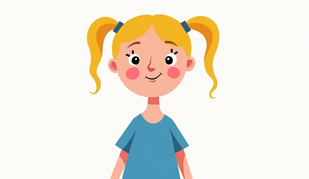 A cartoon women ,  Minimalist style .  She is a women with big mouth, and two pigtails in her hair, blonde hair with vibrant colors,  in a blue dress .  large and expressive eyes that convey sweetness ,  and a friendly smile .  Simple white background to h...