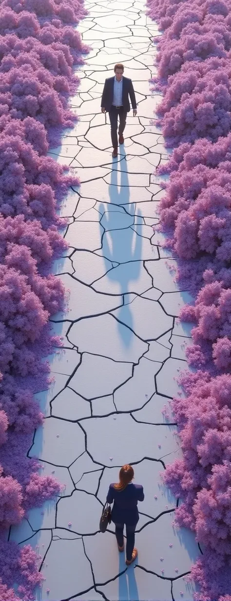 Front view image of a floor shaped like cracked roads where people will walk, On the edge of both sides will be lilac-purple petals all over the road, The image must be a front view from above, as if being looked at from above, The image cannot have people