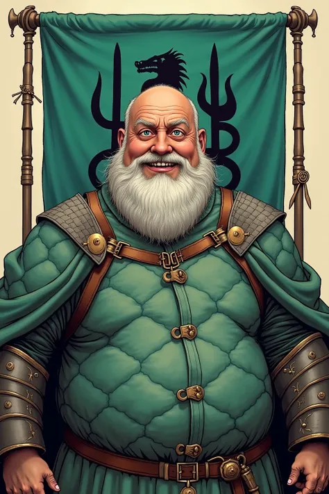 A realistic medieval fantasy portrait of a noble man of 60. He has a massive belly and thick fingers. He has pale blue eyes and a beard. He appears to have four chins. He is amiable and has a loud, booming laugh. 
He wears a quilted doublet of green-blue w...