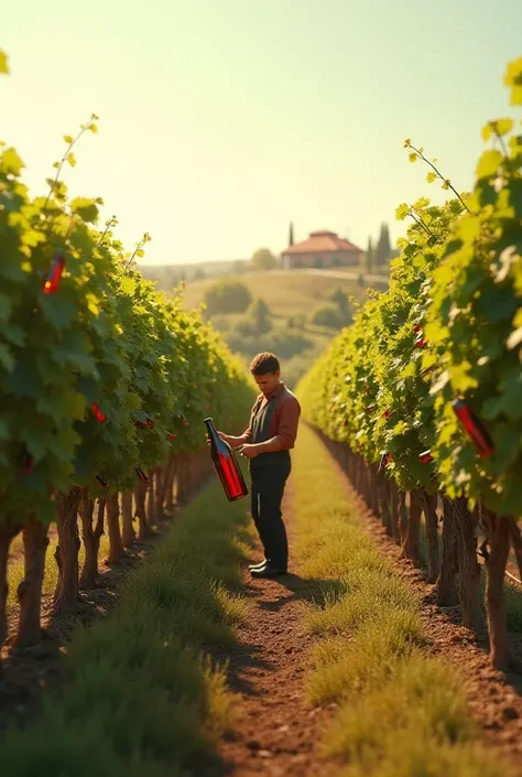 Planting grapes , with bottles of wine instead of grapes