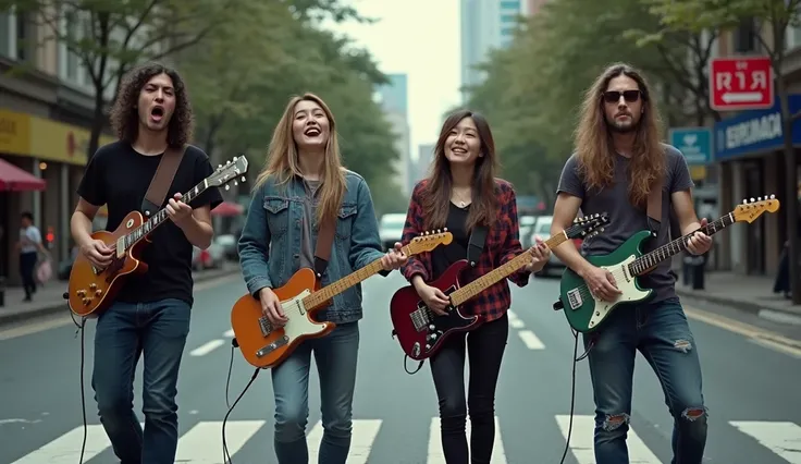  Four good-looking Thai alternative rock bands,  Male guitarist shouting at the mic , Pretty girl guitarist doing guitar solo like crazy,  Bassist playing with cameraman ,  Drummer playing with fun , 8kMasterpiece , , high resolution,  anatomically correct...