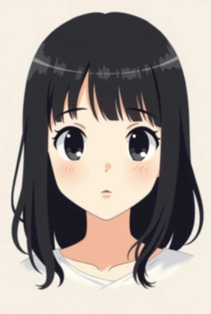 Simple 2D style anime girl as passport photo ,  with medium long black hair black eyes with bangs white skin color but not so pale 