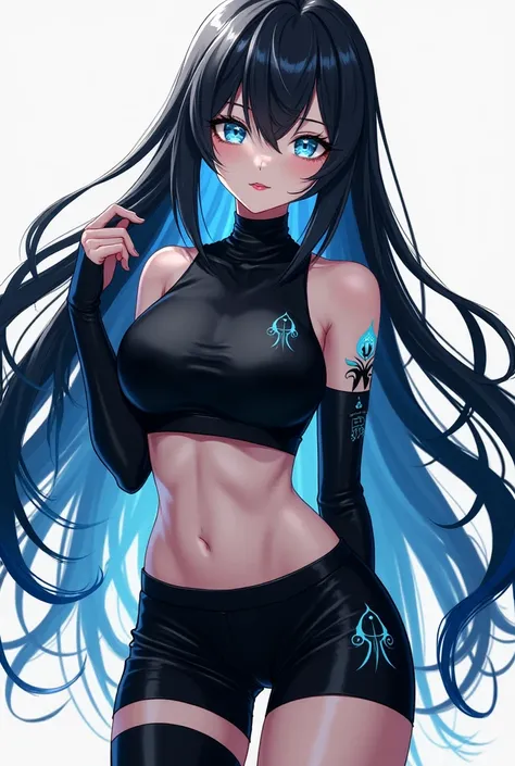  Female character ,  Long black hair ,short black shirt showing the navel , long black sleeves  ,  shorts with black tights ,(And what about anime with light blue eyes)