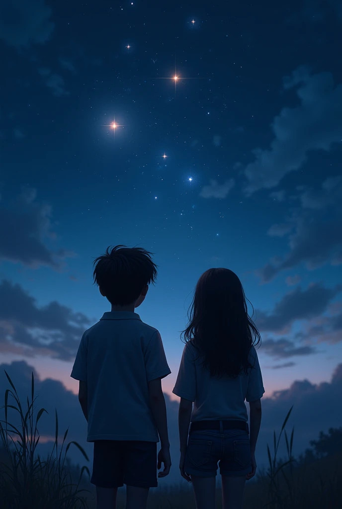 Make a couple of teenagers,A boy is a girl looking at the starry sky,  with his back to the viewer , super realistic,  dark environment