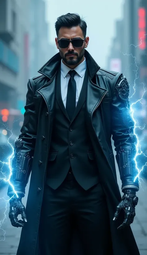 A Futurist Warrior, Caucasian with short black hair ,  a well-groomed beard ,   and dark glasses that add an air of authority and mystery  .   He wears a formal black suit with white shirt and tie  ,   combined with a long black leather coat adorned with t...