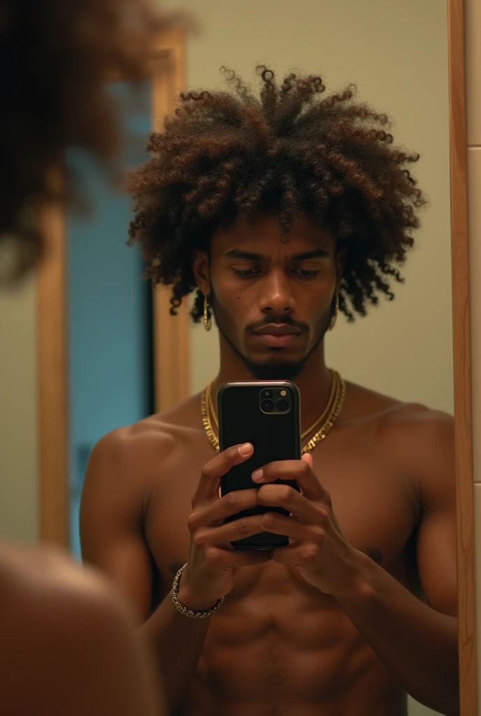 arafed man with curly hair holding a cell phone in front of a mirror, an album cover inspired by Leo Leuppi, instagram, vanitas, curls on top of his head, low quality photo, very very low quality picture, with afro, curly afro, low quality photograph, (dar...