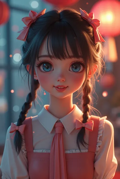 a 18 old girl with blue eyes, braids, cute fangs, freckles, hair ribbons, necktie, wearing thigh-high boots, twin braided tails,(best quality,4k,8k,highres,masterpiece:1.2),ultra-detailed,(realistic,photorealistic,photo-realistic:1.37),harem,adolescent,vib...