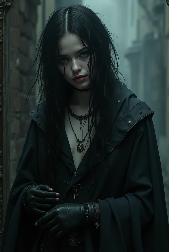 "An androgynous character ,  with pale skin and deep eyes ,  long, dark hair with misaligned locks .  wearing a long, dark cape ,  with details in shades of gray and black ,  and accessories such as thin gloves and an antique necklace .  ENIGMATIC FACIAL E...