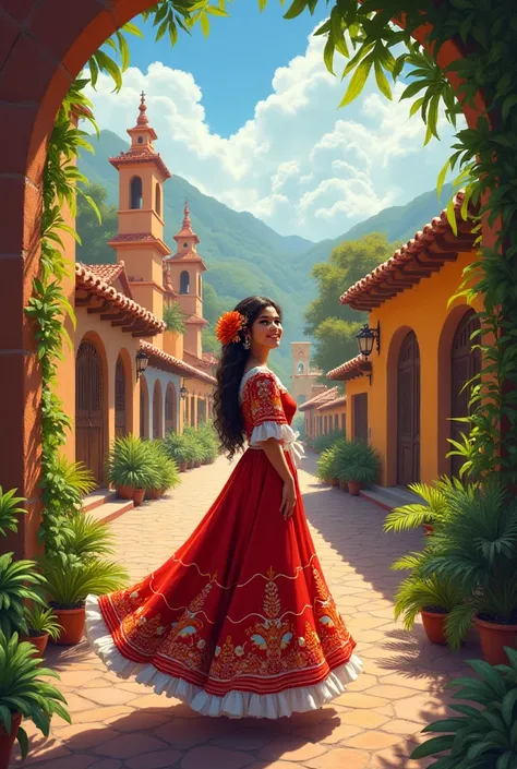 A girl with a Veracruz costume and a small Mexican town in the background