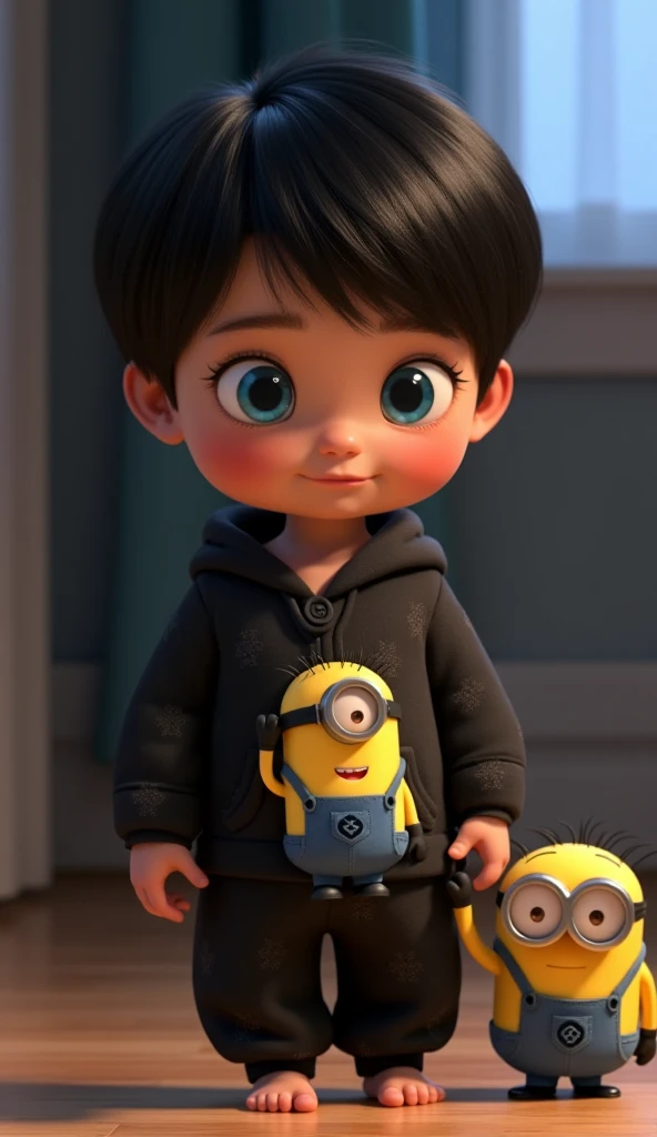 Create animation of a three-year-old boy,  straight black hair, bright blue eye, with black pajamas with the Minions print, holding a Minions plush toy in her hand.  details to the maximum ,  ultra quality tits, 8k, 4K, Maximum definition. 