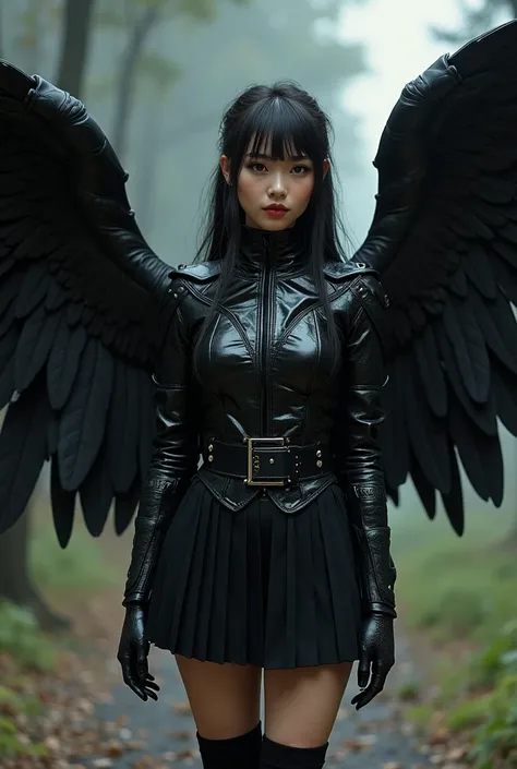 (Qingxu_fotografía realista de retratos de belleza asiática_v11), (Qingxu_fotografía realista de retratos de belleza asiática_f.11),  Beautiful Japanese woman with giant black wings ,pleated black miniskirt ,  black thigh high stockings,  Leggings Lycra fi...