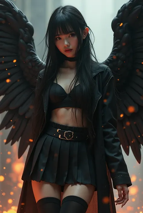 (Qingxu_fotografía realista de retratos de belleza asiática_v11), (Qingxu_fotografía realista de retratos de belleza asiática_f.11),  Beautiful Japanese woman with giant black wings ,pleated black miniskirt ,  black thigh high stockings,  Leggings Lycra fi...