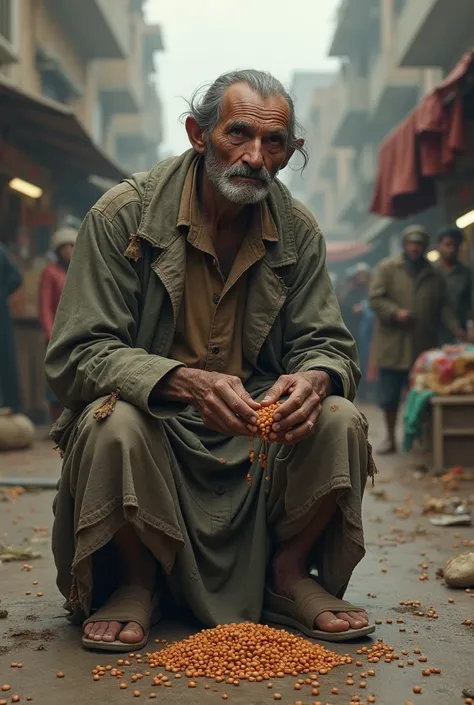 I want a picture of a poor person selling beans on the street and wearing the clothes of beggar sellers