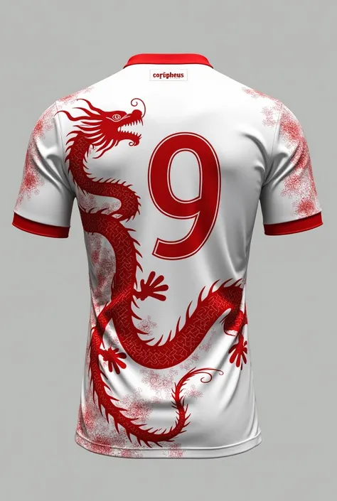 Make a jersey in the style of a white soccer jersey ,  with a red Chinese dragon running across the entire area of the jersey , with the number nine on the back and written Coripheus,  with one of the images being the back of the jersey and the other being...