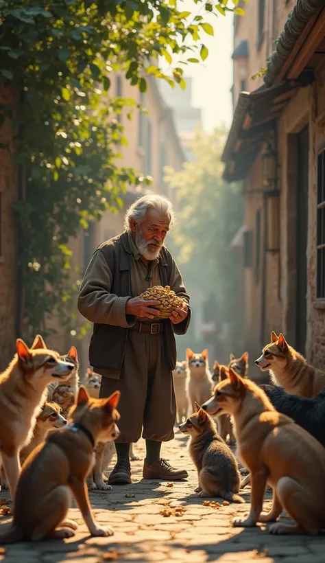 I want a picture of an old man feeding a lot of cats in the And dogs