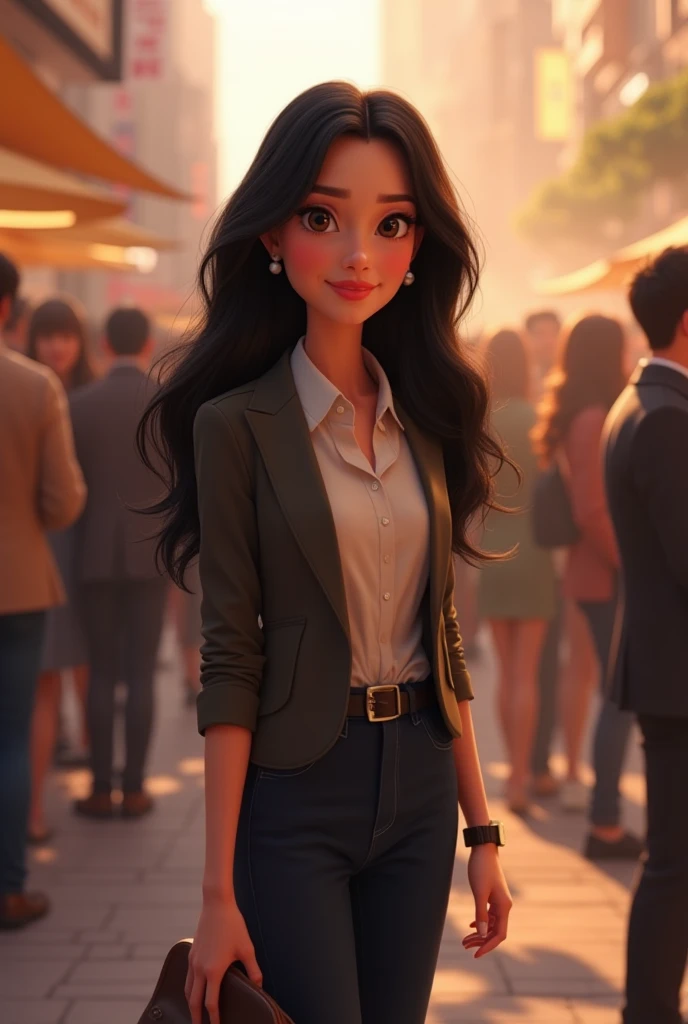 in pixar style, a young woman with long black hair, well dressed, elegant, standing out in a crowd