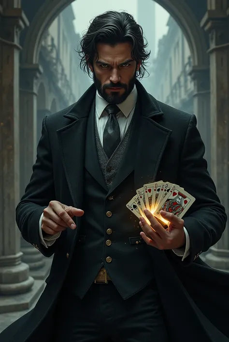 Handsome tall dark haired sorcerer with an elegant beard dressed in a black coat with a black 3-piece suit with a white shirt and gray tie , Using card magic to fight 