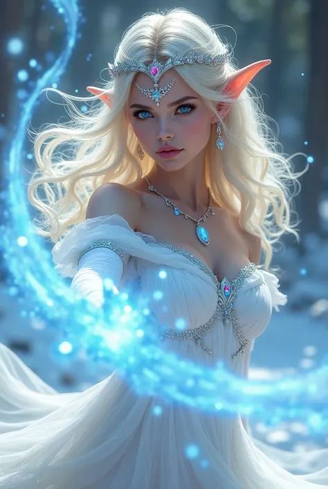 Blonde long wavy hair elf princess with pure white off shoulder gown, with small silver tiara with soft pink gem, blue ice eyes, casting ice magic while in combat, realistic fantasy, 4k