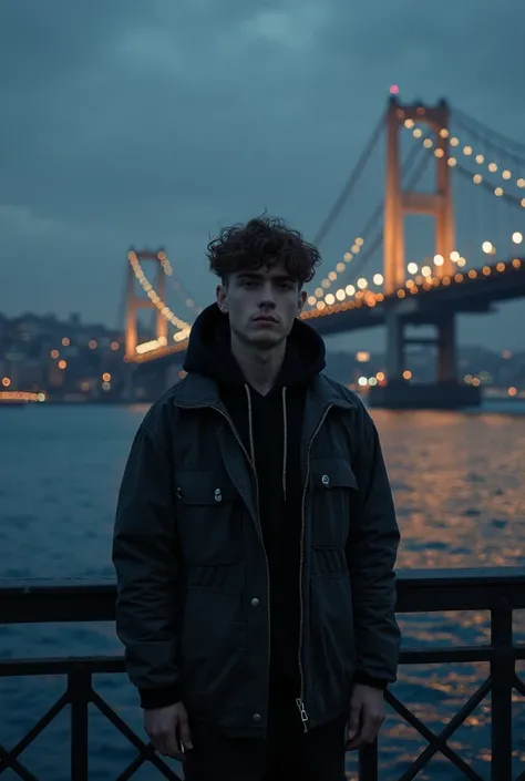 A picture of a sad young man at the Bosphorus Bridge in the evening