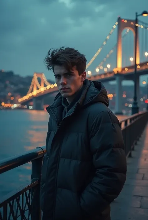 A picture of a sad young man at the Bosphorus Bridge in the evening