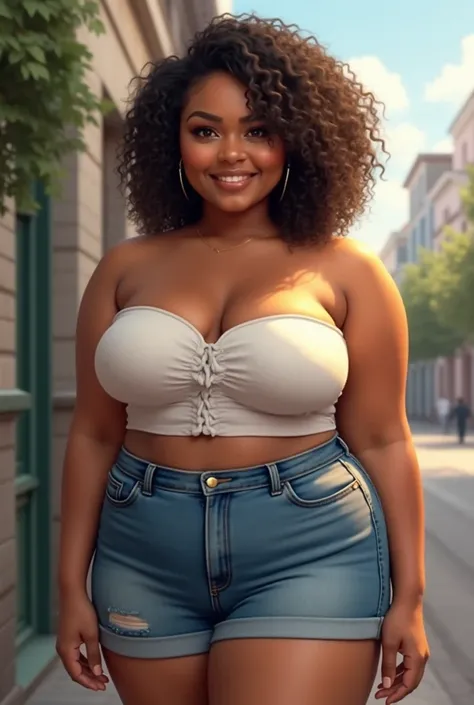 brown woman, short, chubby, denim shorts, strapless blouse, realistic style