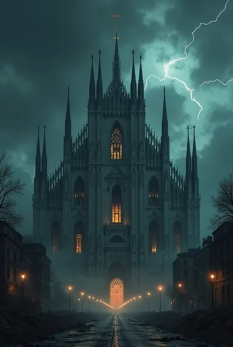 Duomo di Milano dark cyber style, post-apocalyptic world, Stormy night with black clouds