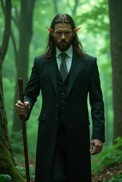 a tall and strong handsome man with pointed ears and long dark brown hair with a short beard dressed in a black suit with a white shirt and gray tie has a magic wooden cane , in a forest being surrounded by green energy both eyes flash green intensely