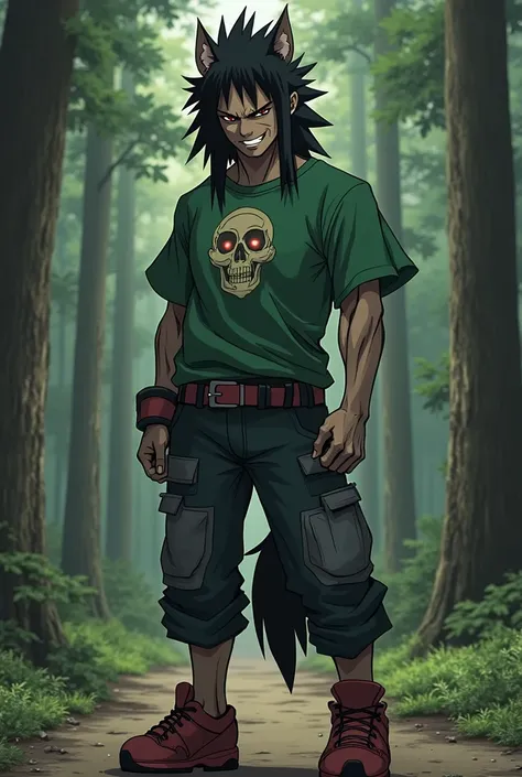 appearance:by an anime, is a werewolf
by :  similar to Sasuke
pants :  similar to Trunks .
 t-shirt: green with a skull shape on the chest.
shoes:  similar to Vegeta but red .
way: smiling, sometimes glow red .
Was bad before .