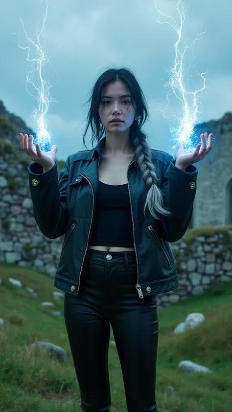 On a rocky green field standing in the form of a defense, a young woman with black hair and gray tips gathered in a hazel eye braid dressed in black leather pants and jacket.manipulate with  . The young woman holds the bright blue energy in her raised hand...