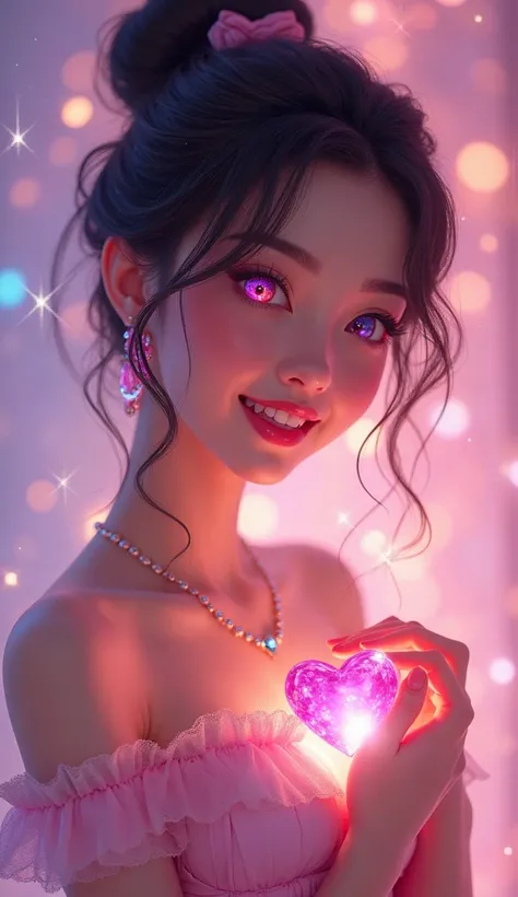 20 years old　 cute girl　Colored Contact Lenses　The hair is up
jewelry　 pink　purple
The background is sparkling　 smile slightly 　Brighten your face　I'm holding a heart jewel in front of my chest