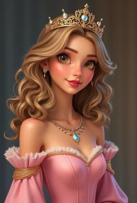 She is a young adult, she have waist-length curly dark blonde hair, with amber eyes, and light tanned skin. She also have beautiful full plum lips. She usually wears long pink royalty-like dresses with long sleeves that left her shoulders and collarbone un...