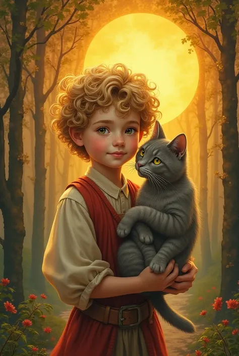 Create an image for a titled story "the sun's son ,  a prince called John " 
 Let it look vintage ,  imitating cherubs and that has to do with the title.  A boy with curly and blond hair with a story background ,  maybe a forest I quote and obviously a sun...