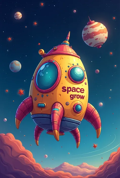 Cartoon-style spaceship for adults with the word space grow