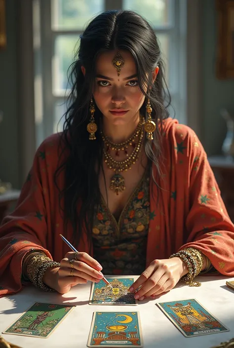 Fortune teller doing tarot reading on a white table, with your gypsy clothes and with the key card in your hand