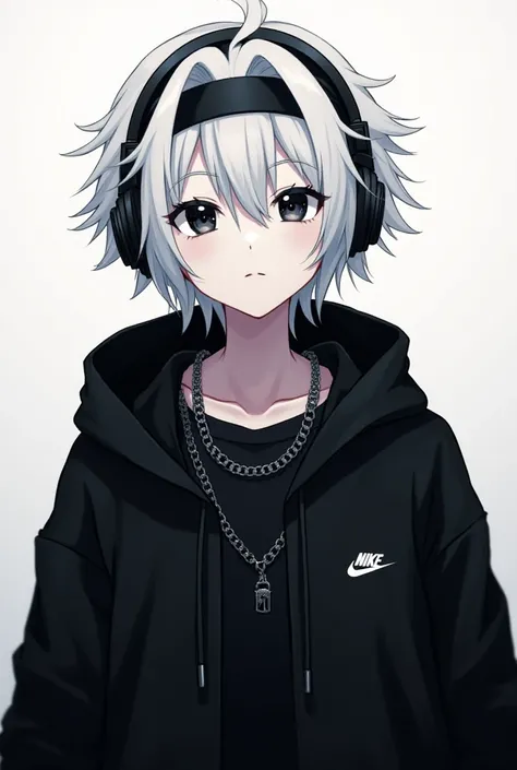  Anime boy,  white hair, black hoodie up to the chin, black headband headphones,  black eyes, tez blanca, black nike shirt, chain with a  (D)