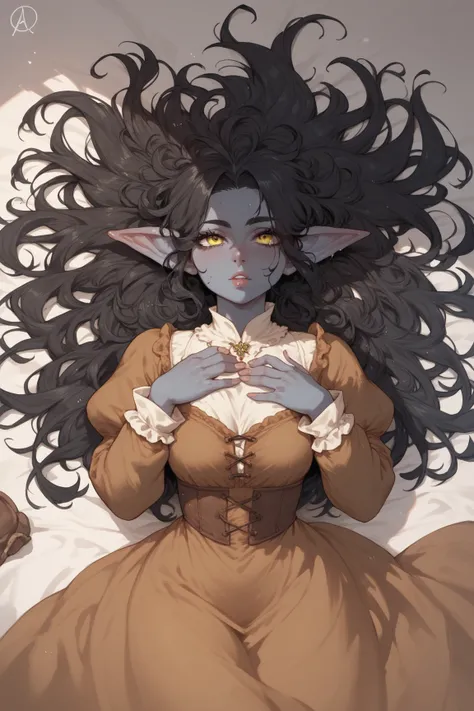 Woman,Dark blue skin, yellow eyes, goblin, small, anime style, black hair, black hair,Long hair,Brown medieval dress, Messy hair 