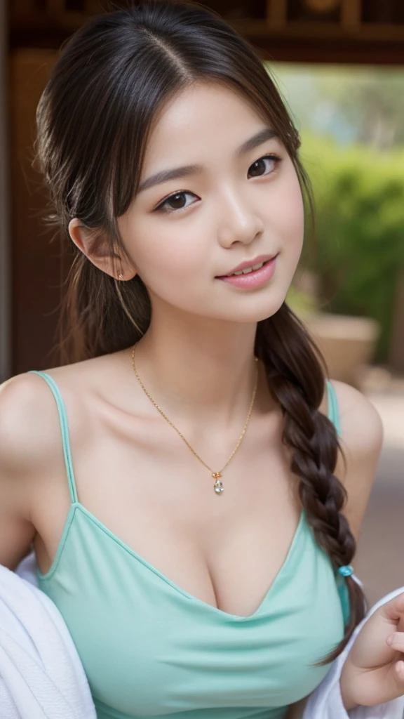  masterpiece ,  the best quality , , maximum resolution, Full HD . 9D. 8k.,
 very close up , Photo from the side, the face tilted, the face turned very slightly, the camera of a Japanese-Korean half-girl, 35 years old, firm chest muscles, big breasts, deep...