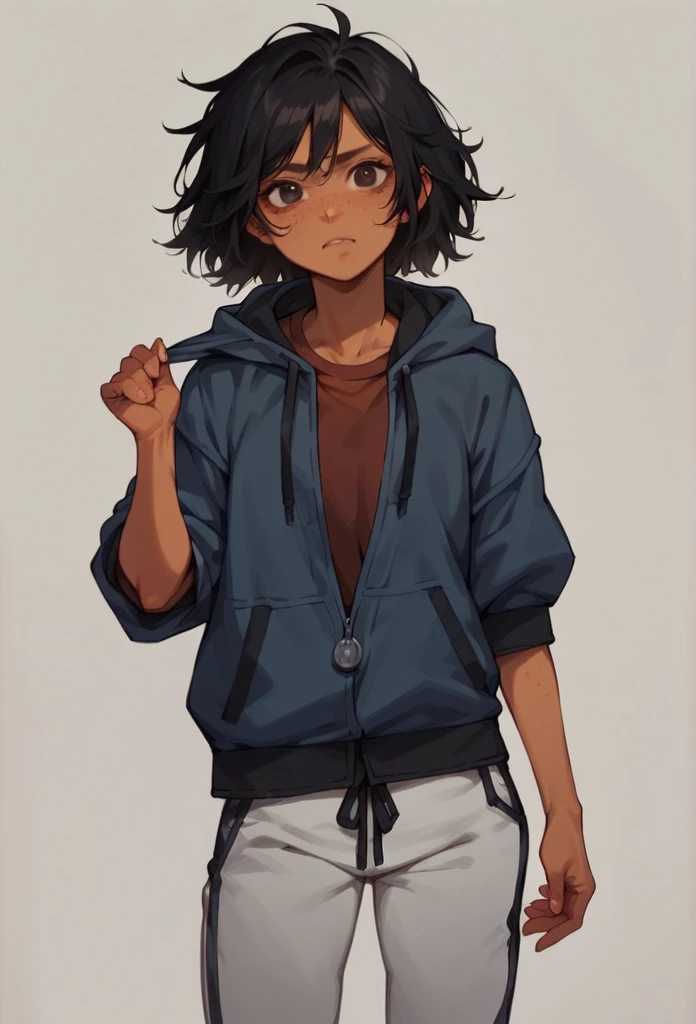 score_9, score_8_up, score_7_up, BREAK, score_9, 1girl, solo, black hair, dark brown eyes, olive skin tone, freckles, orange shirt, red sweater,short sleeves, demi jeans, looking at viewer, cowboy shot,